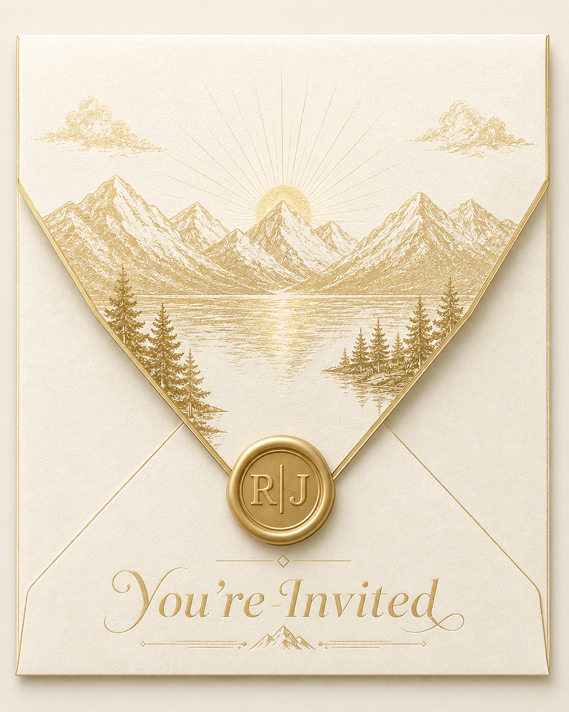 Ivory and gold mountain wedding envelope